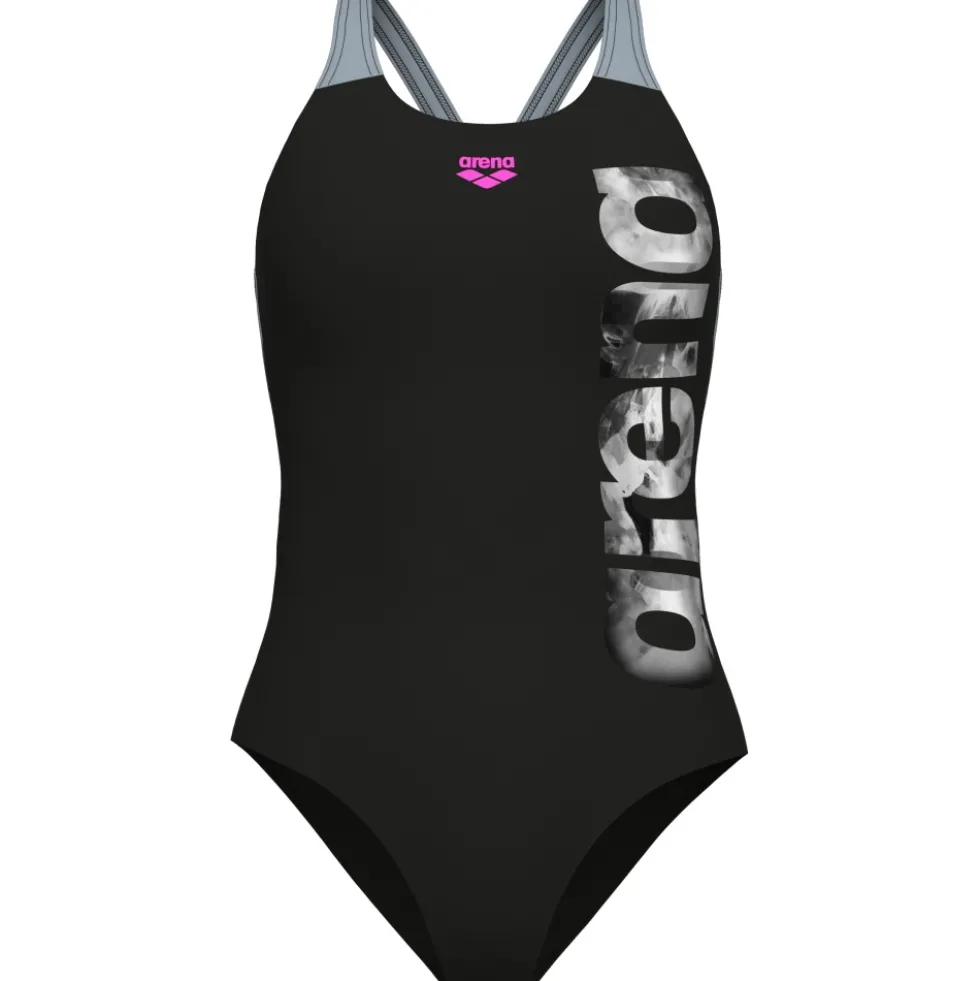 arena Performance Airbrush Graphic V Back Badpak Dames - Zwart/Seafom