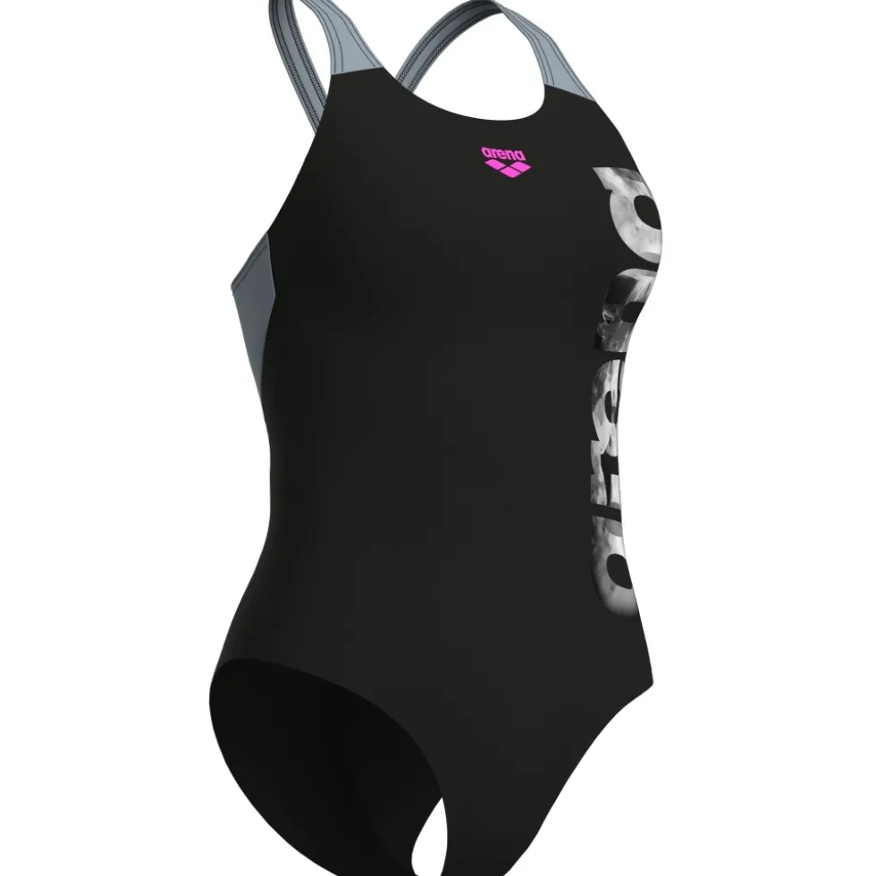 arena Performance Airbrush Graphic V Back Badpak Dames - Zwart/Seafom