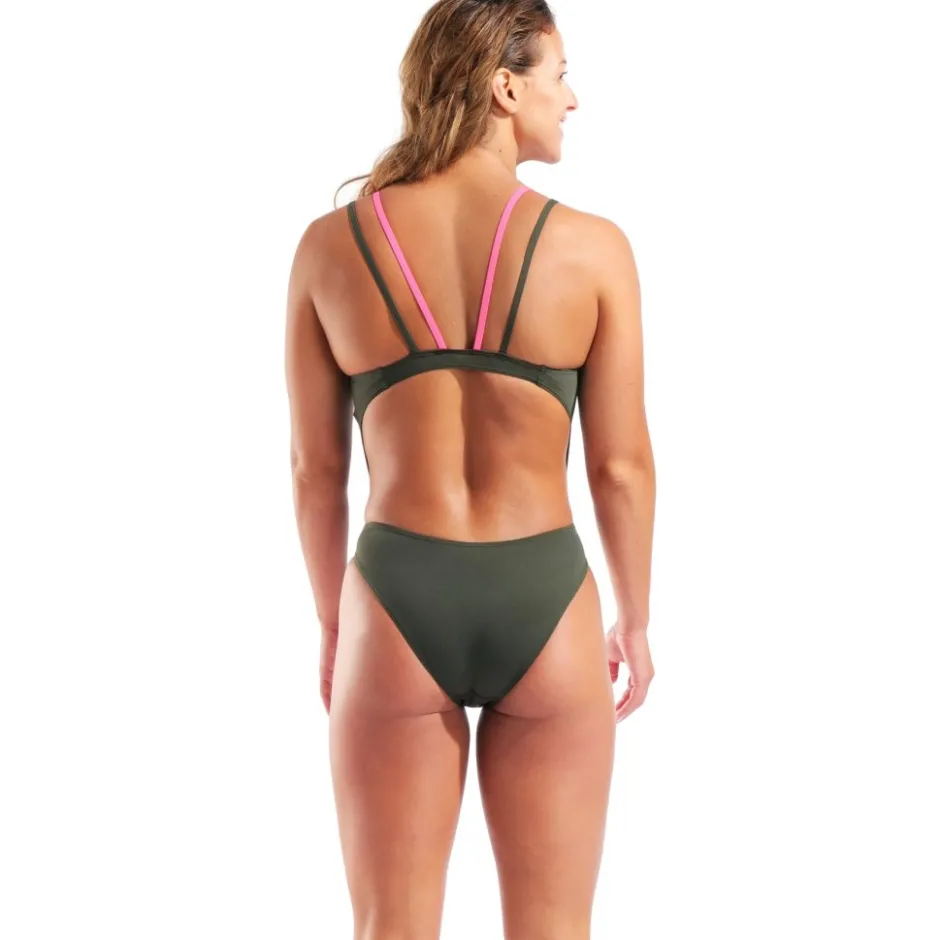 Wedstrijd Zwemkleding|Zwembroeken & Bikini'S < arena Performance Solid Tech Multi Back Badpak Vrouwen - Dark Sage/Shocking Pink