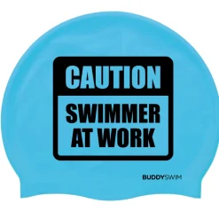 Badmutsen < Buddyswim Siliconen Badmuts - CAUTION SWIMMER AT WORK - blauw
