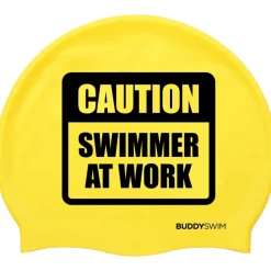 Buddyswim Siliconen Badmuts - CAUTION SWIMMER AT WORK - yellow