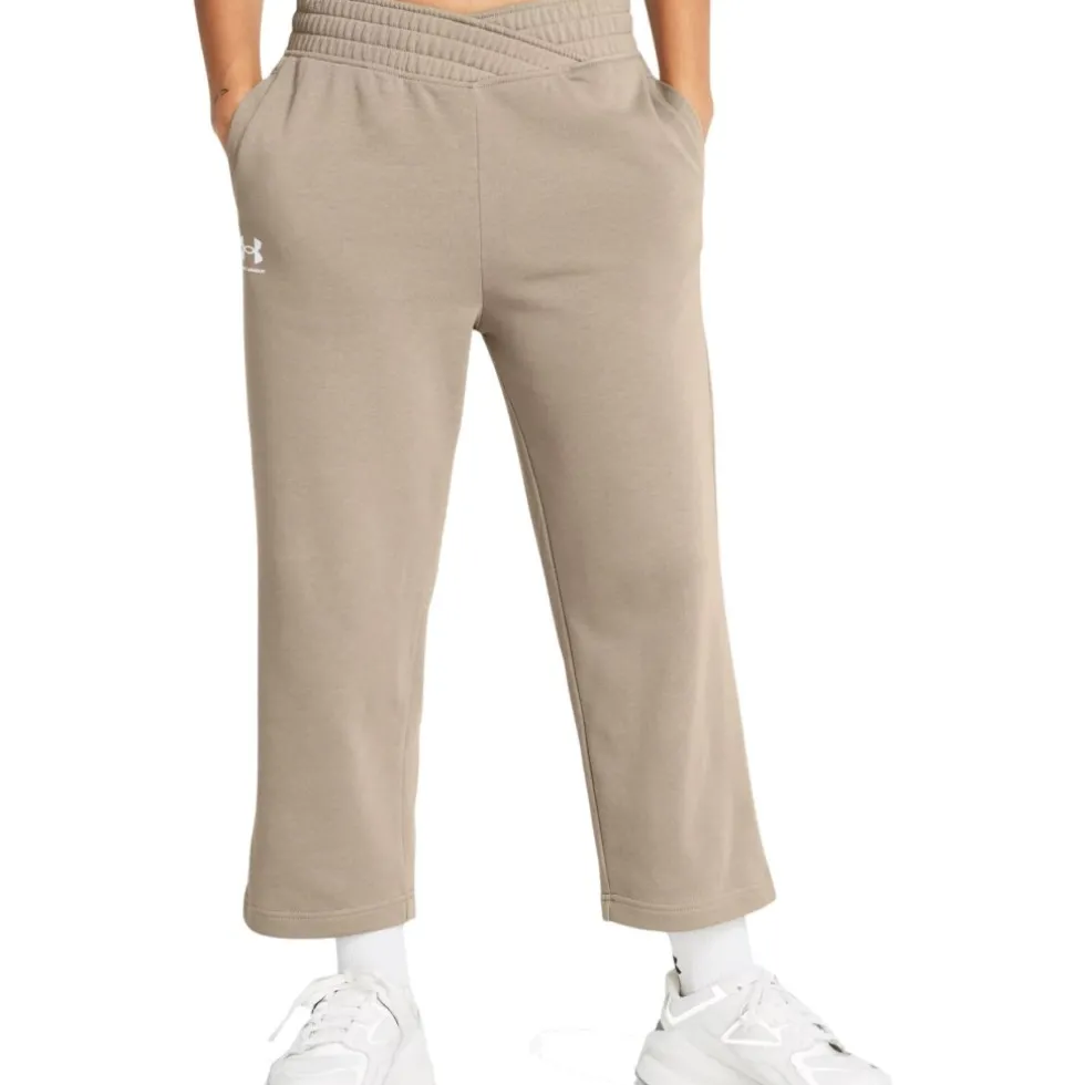 Under Armour UA Rival Terry Wide Leg Crop Broek Dames - Timberwolf Taupe Full Hthr/White