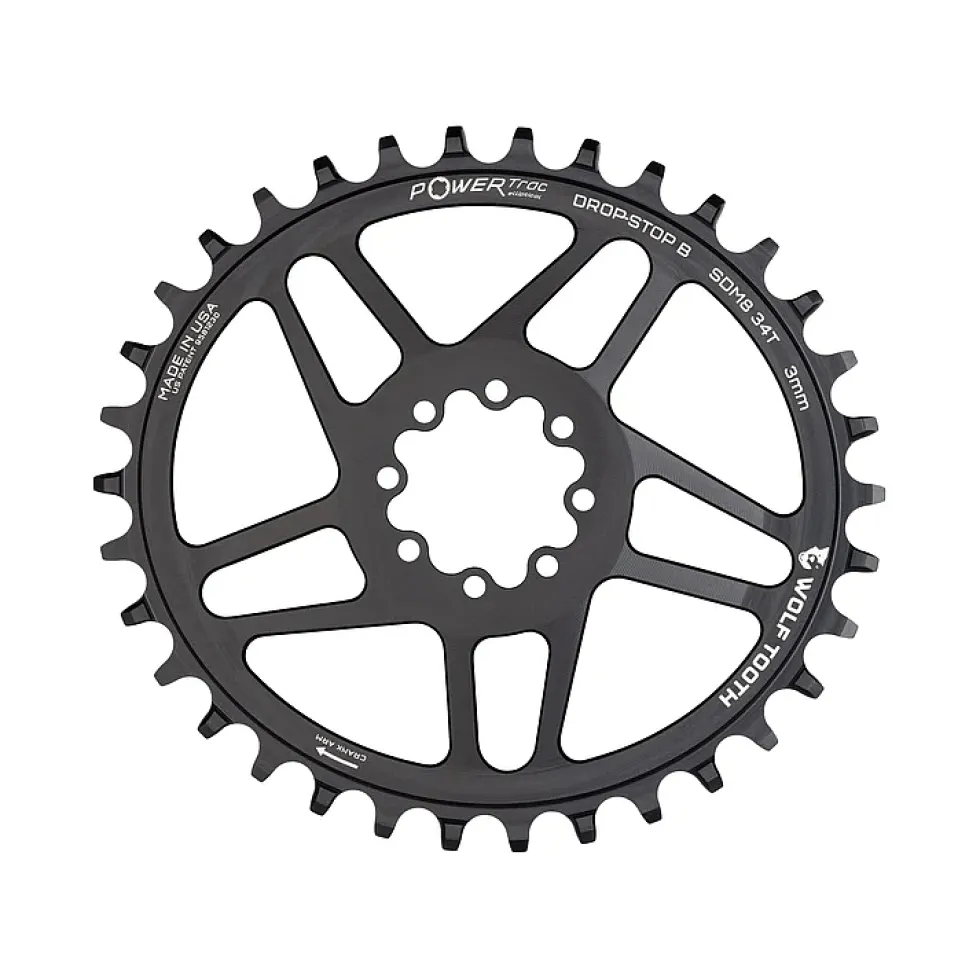 Wolf Tooth PowerTrac Elliptical Kettingblad voor SRAM 8-Bolt Direct Mount | Oval | Drop-Stop B | 3mm Offset | Boost - zwart